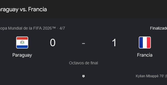 Francia vence 1-0 a Paraguay y clasifica a semifinales del Mundial 2026