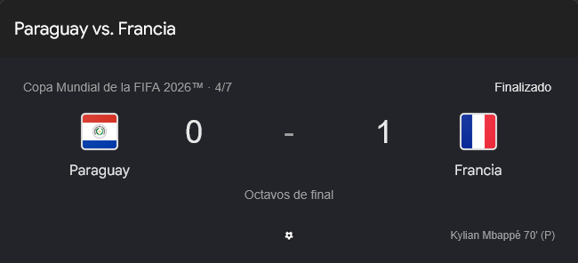 Francia vence 1-0 a Paraguay y clasifica a semifinales del Mundial 2026